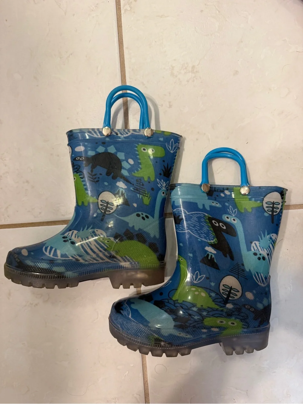Kids Blue & Green Dino Light Up Rain Boots